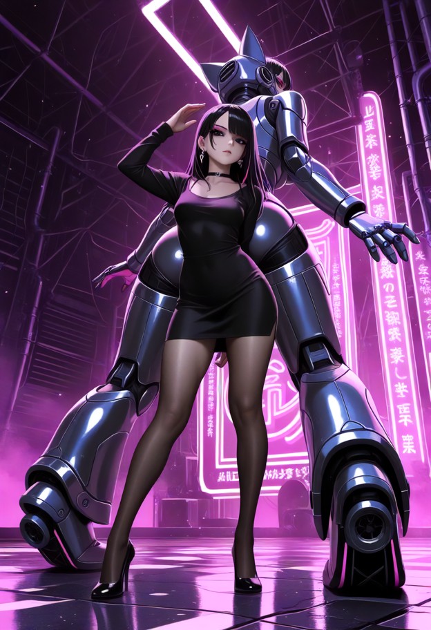 a dynamic full-body shot of a dance battle between a human woman and a heavy industrial robot. they are facing each o…