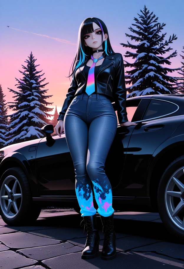 (low angle shot:1.3),(full body view:1.3),standing on a rocky cliffedge,facing camera,(blue denim jeans:1.4),leather …