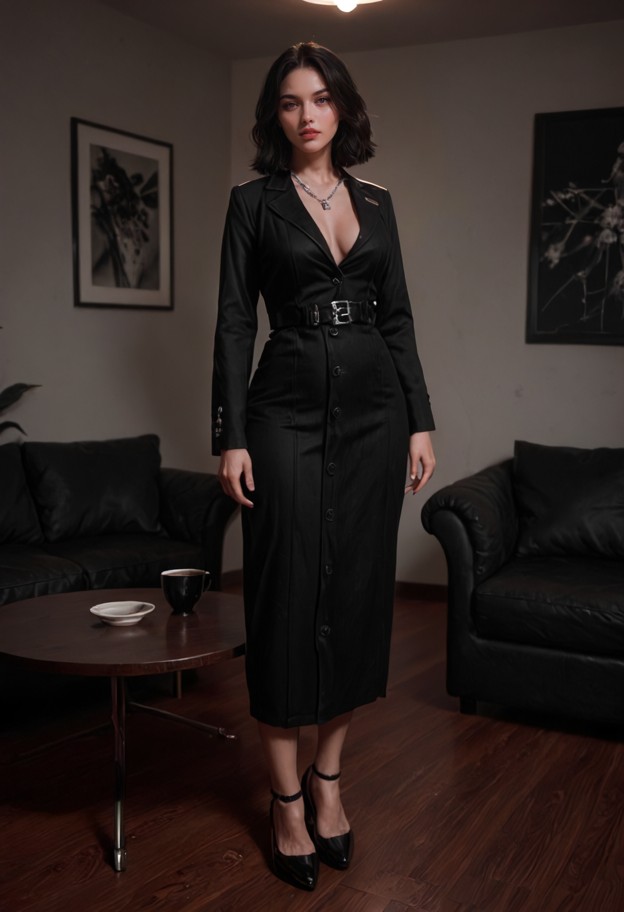 mei-lin stands near a coffee table,solo,black and white cotton uniform,black leather shoes,dimly lit living room,dark…