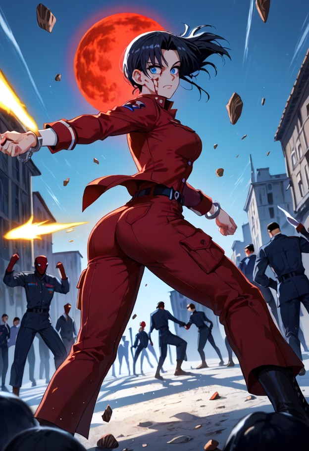 a chaotic,high-octane battle scene in the heart of paris,hellsing
ultimate anime style. the male vampire is a blur o…
