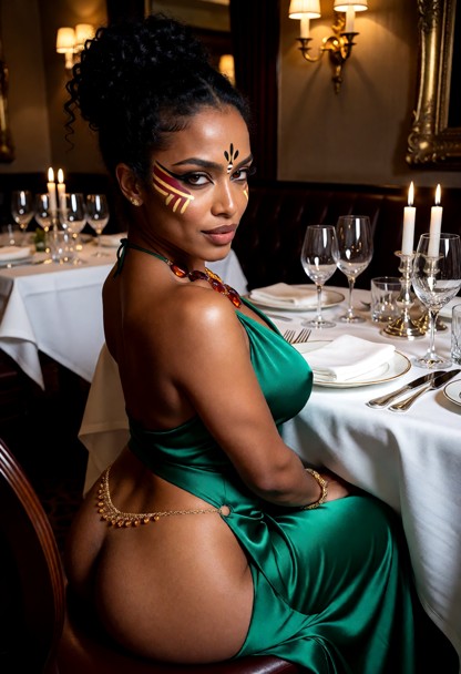 Location: elegant restaurant within the hotel with white linen tablecloths, sparkling crystal glassware, and warm, di…