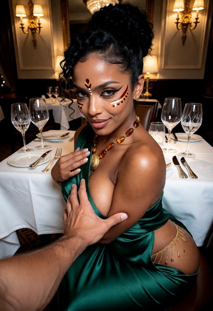 Location: elegant restaurant within the hotel with white linen tablecloths, sparkling crystal glassware, and warm, di…