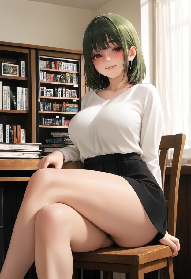 she is is sitting on a wooden chair with legs crossed and a happy face,short skirt,white blouse,campus library,wooden…