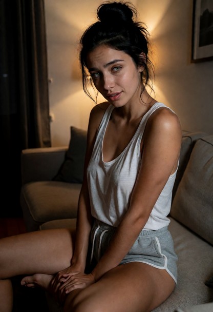 Location: dim living room with soft, low light from a single lamp casting warm amber glows and deep shadows across th…