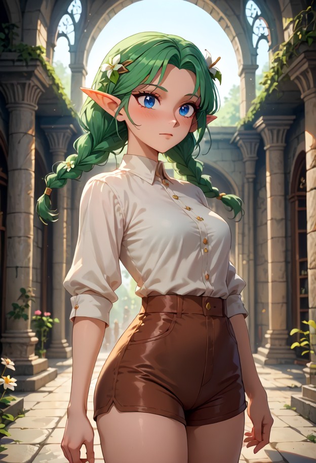 sylvia greenleaf walking in a dungeon hallway,white cloth shirt,brown leather shorts,gloomy stone dungeon hallway,tor…