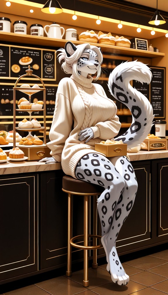 (night bakery interior:1.2),(sitting on pastry counter:1.25),(open cream-puff box:1.2),(powdered sugar on snout and w…