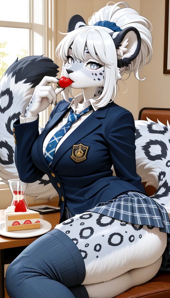 1girl,relaxing,school uniform,skirt,blazer,tie,knee-high socks,light makeup,soft blush,eating a strawberry cake,