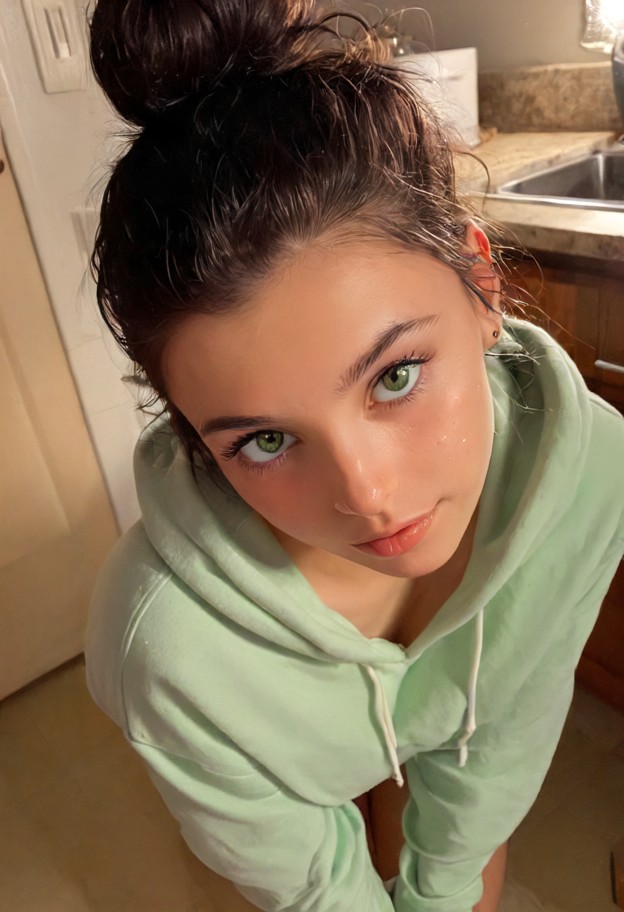 she is leaning forward and touching chest,wearing oversized pastel cotton hoodie,quiet kitchen,dark countertops,dim l…