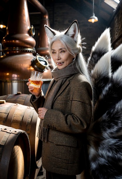 a stunning cinematic shot of a stylish young woman visiting a traditional scottish whiskey distillery. she is standin…
