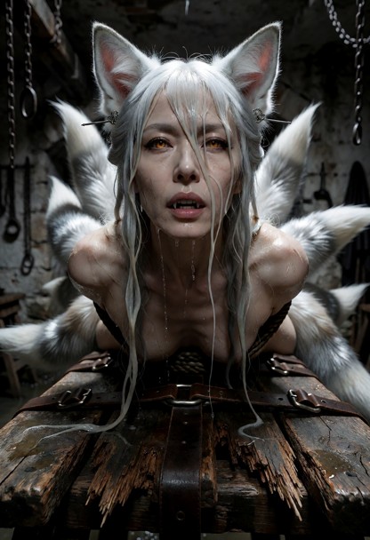 extreme low-angle worm's-eye view in a dark, damp basement. a defiant woman is bound to a weathered, splintering wood…