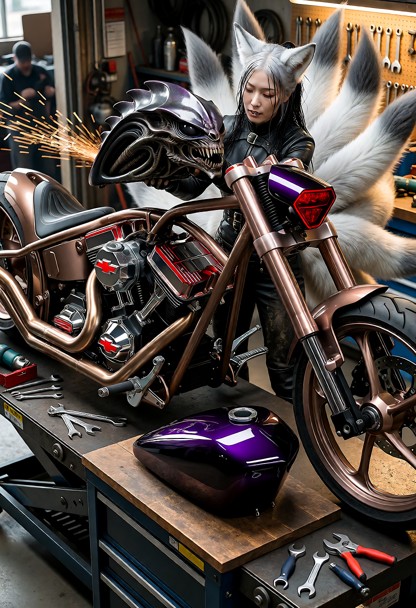 Composition: A high-end cinematic action shot inside a detailed motorcycle workshop. The custom chopper motorcycle st…