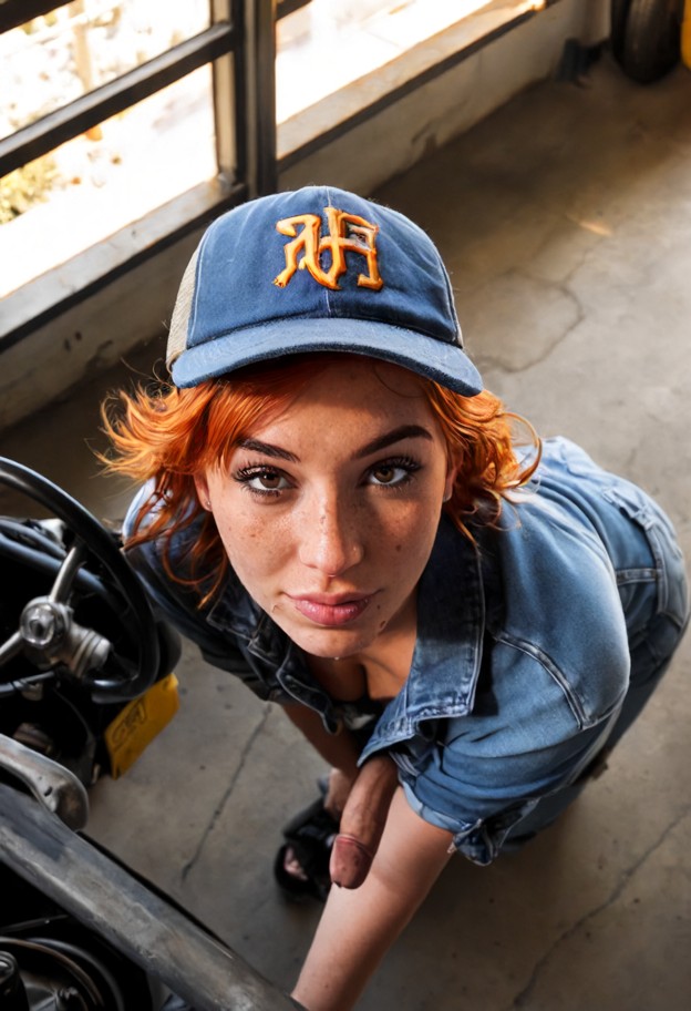 leaning forward,biting lip,smirk,looking down,1futa,blue denim jumpsuit,frayed trucker hat,garage,concrete floor,meta…
