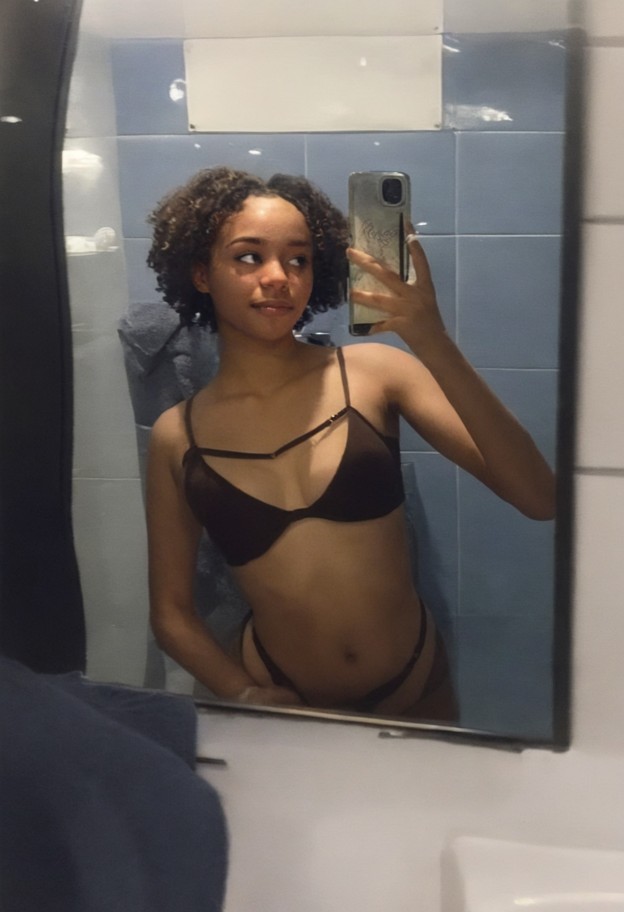 bathroom,mirror,sink,tiled walls,towels,curly ebony teen,underwear,matching_underwear,bra_and_panties,simple_underwea…
