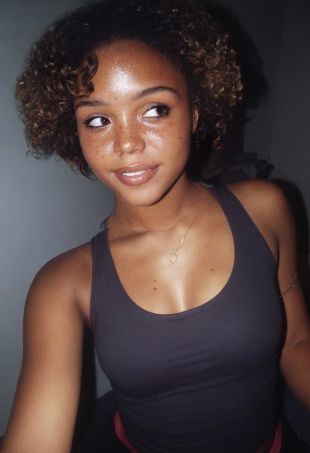 curly ebony teen,sportswear,leggings,tank top,sporty vibe,natural skin,no visible jewelry,1 girl,solo,boobs grab,boob…