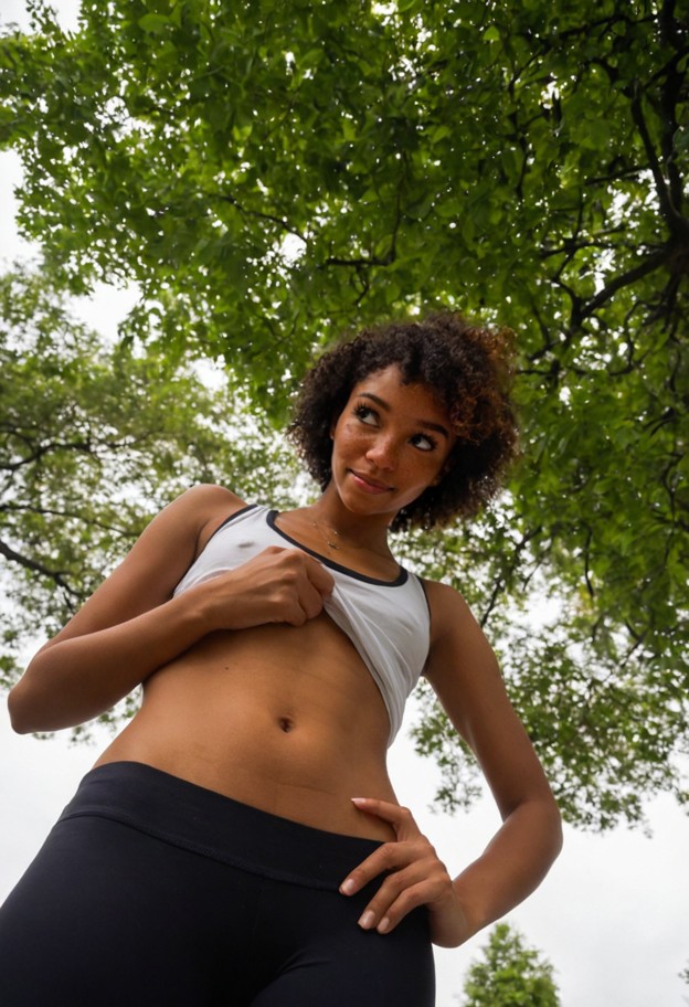 fitness,sexy,curly,ebony teen,sportswear,leggings,tank top,sporty vibe,natural skin,no visible jewelry,park,greenery,…