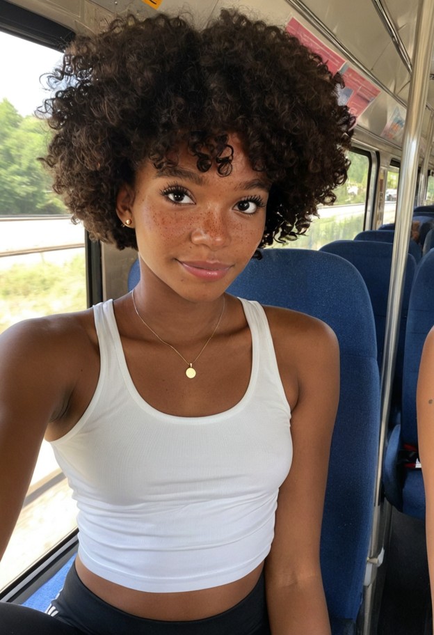 sportswear,leggings,tank top,sporty vibe,natural skin,no visible jewelry,public_transportation,bus_interior,waist-up …