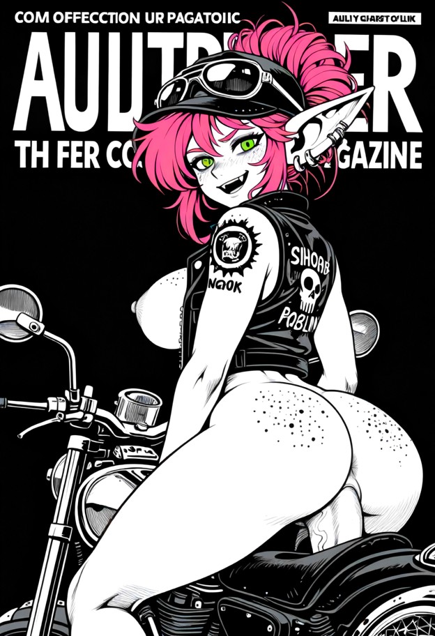 vintage 1970s adult magazine cover,black and white ink sketch,detailed cross-hatch shading style. a muscular biker ma…