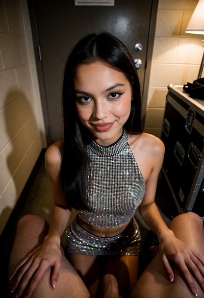 Location: dim, private backstage room behind a heavy door, where soft, warm light from a single lamp creates long sha…