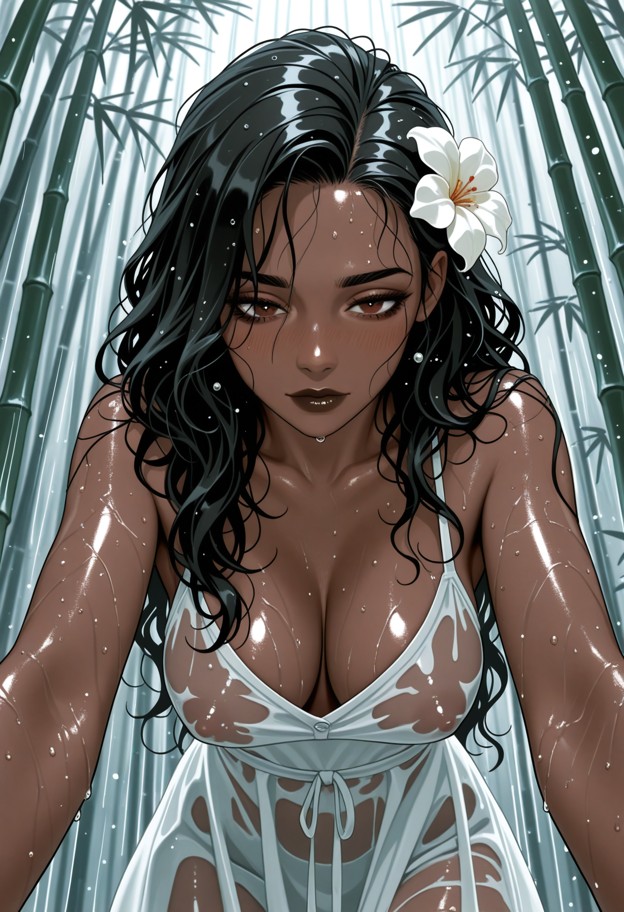 outside,bamboo garden,raining,wearing a white dress,wet dress (see through),hard nipples under dress,wet hair,wet bod…