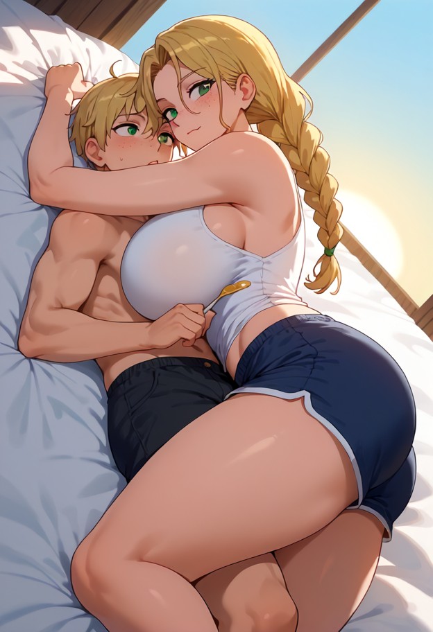 **tags (sfw version):**
`1girl,1guy,both wearing white tank tops and black shorts,spooning,guy is little spoon,girl i…