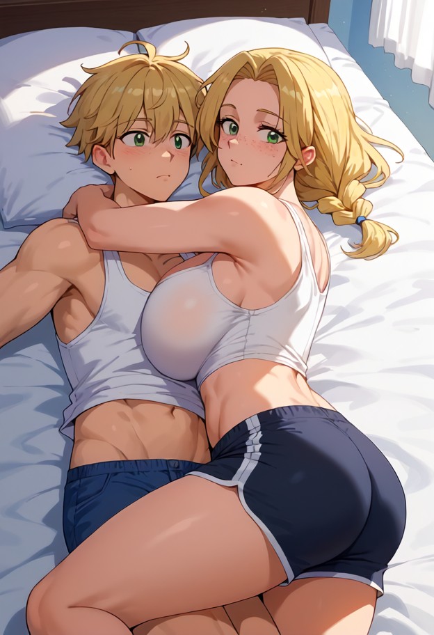**tags (sfw version):**
`1girl,1guy,both wearing white tank tops and black shorts,spooning,guy is little spoon,girl i…