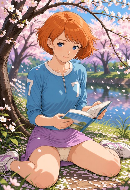 Cette illustration numérique capture avec sérénité une jeune fille lisant paisiblement un livre sous des cerisiers en…