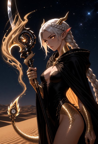 a woman in a black desert cloak holding a massive, exotic polearm made of swirling sand. the top of the weapon is sha…