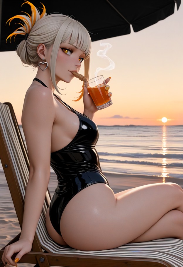 a woman sitting in a beach chair by the sea,holding a drink in her left hand and a thick cuban cigar smoking in her r…