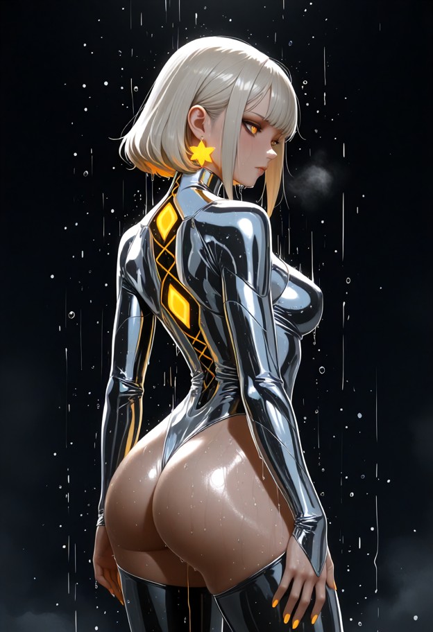 a fierce female fighter standing in a low,wide combat stance with a lowered upper body and raised fists. glowing,neon…