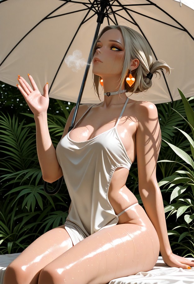 a realistic,cinematic photo of a sweaty woman sitting in a lush summer garden,under a large canvas umbrella,intense s…