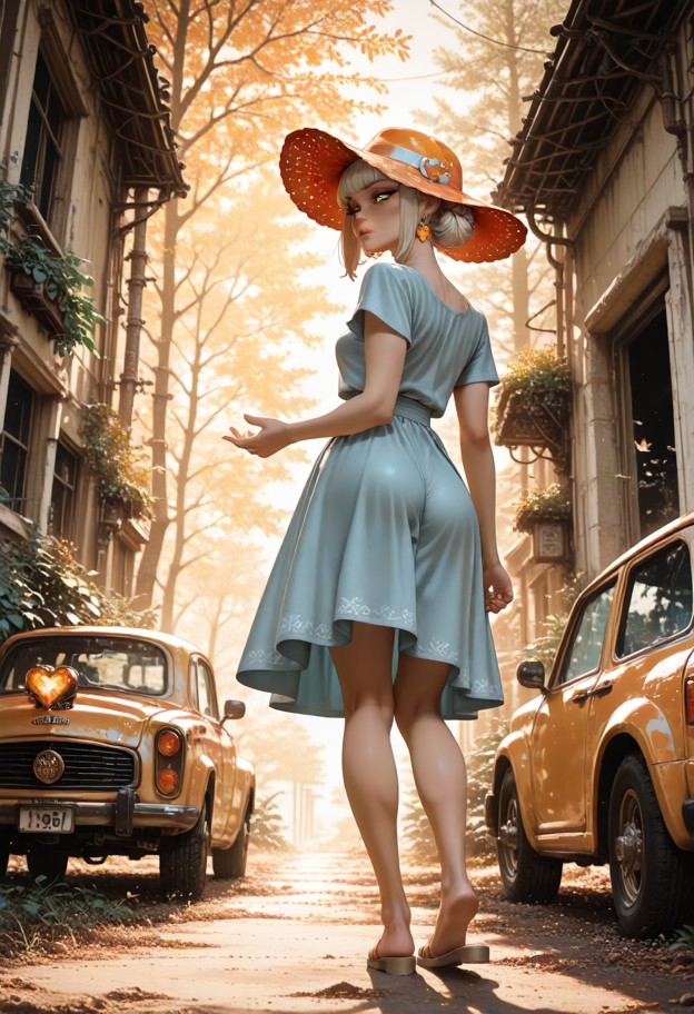 a low-angle shot (frog's eye view) of a rusty,matte yellow vintage opel manta coupe parked in a sunlit forest clearin…