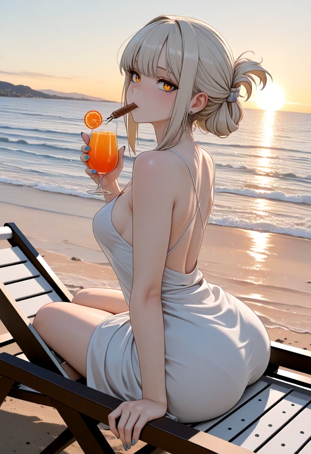 a she is is sitting in a beach chair by the sea,holding a drink and a cigar,solo,summer dress,beach,ocean,seaside,med…