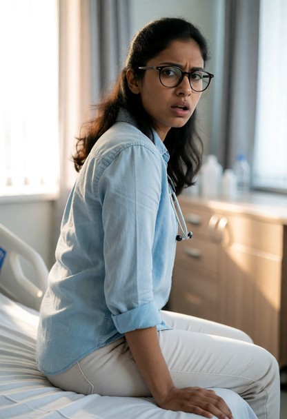 Location: a quiet hospital room during the day with soft sunlight filtering through the window curtains and clinical,…