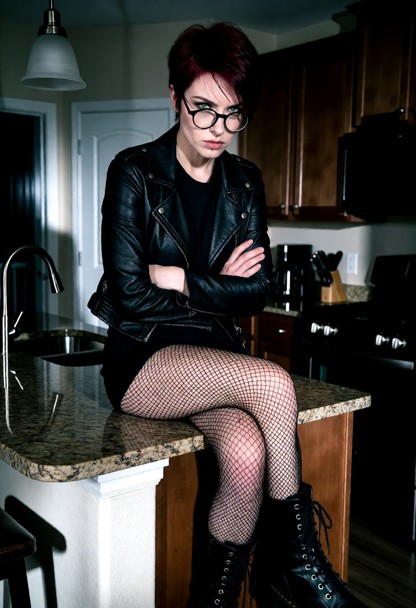 Location: dimly lit kitchen at night, with the cool glow of an overhead light reflecting off the polished granite isl…