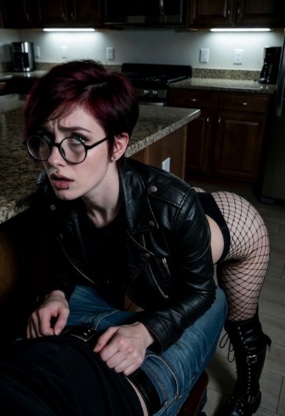 Location: dimly lit kitchen at night, with the cool glow of an overhead light reflecting off the polished granite isl…