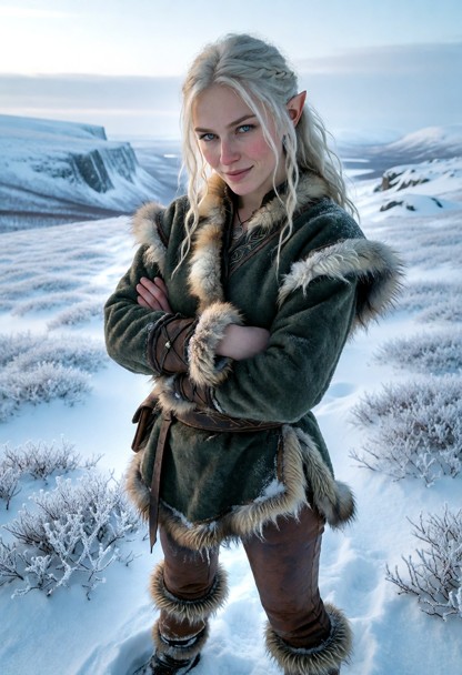 Location: a vast, snow-covered northern tundra under a pale, overcast winter sky with soft, diffused daylight illumin…