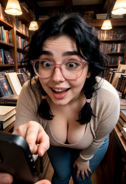 Location: a cozy bookstore filled with tall wooden shelves, various fantasy novels, and soft warm lighting from overh…