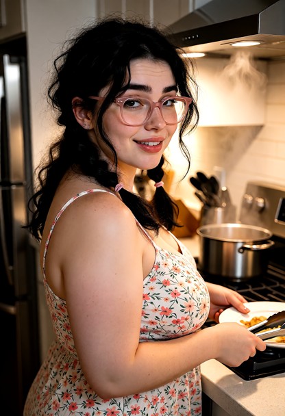 Location: a cozy apartment kitchen filled with the warm, soft glow of overhead pendant lights and the steam rising fr…