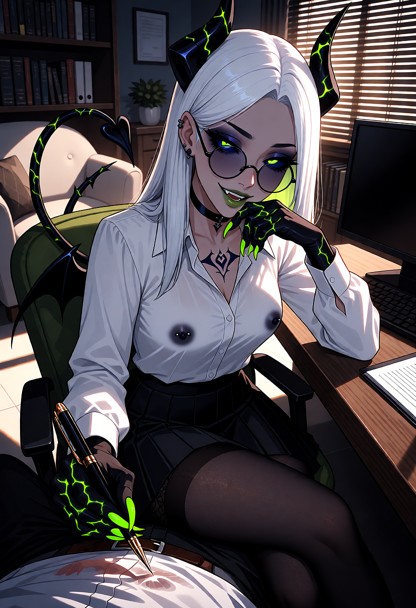 She chuckles, the sound low and melodic, as she leans back in her swivel chair. Her eyes track the movement of your h…