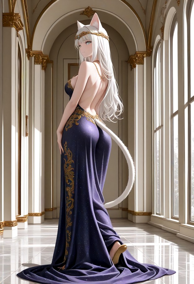 princess elvyra stands with a polite nod and a warm expression,royal purple silk gown,gold embroidery,silk slippers,l…