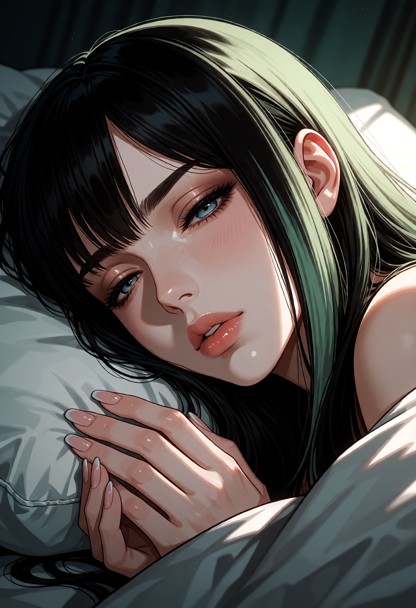 Woman sleeps on her side with her eyes closed and both hands tucked beneath a pillow, seen from a low angle.