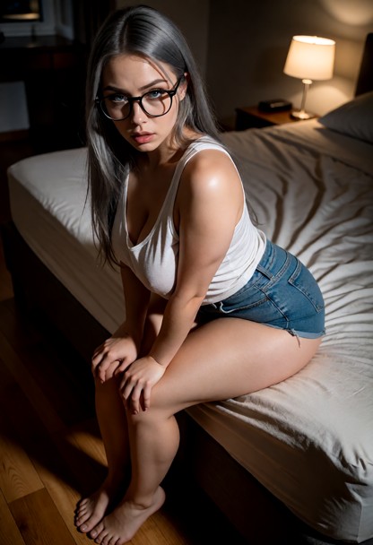 Location: a dimly lit bedroom in the evening, with soft shadows stretching across the unmade bed and the warm, muted …