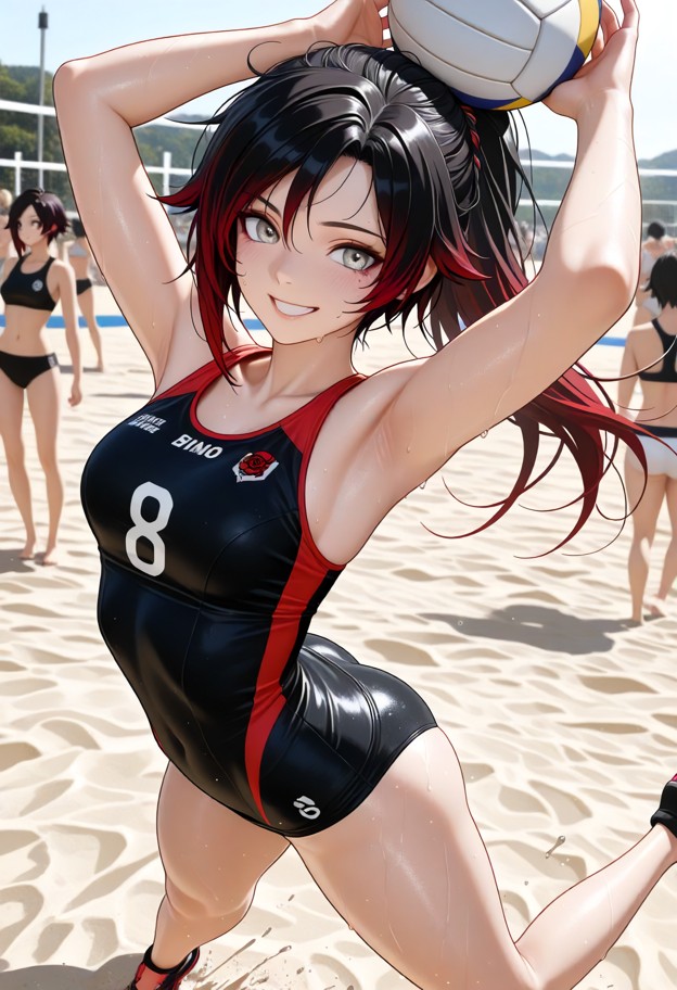 1girl,solo focus,beach volleyball scene,extreme close-up,high-angle shot looking down at the subject,anime style,dyna…