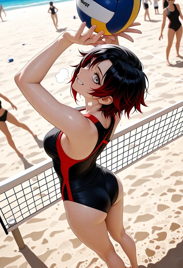 1girl,solo focus,beach volleyball scene,extreme close-up,high-angle shot looking down at the subject,anime style,dyna…