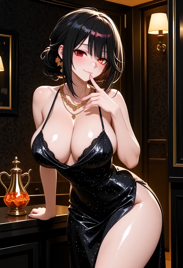 kurumi tokisaki leans in close and trails her finger down an arm,black silk dress,gold necklace,dimly lit lounge,dark…