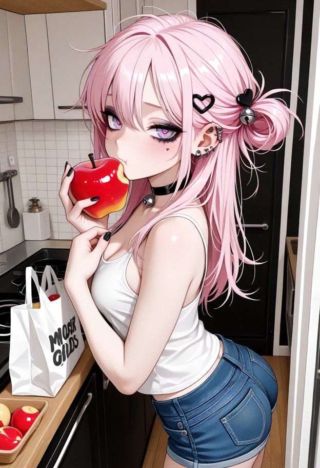 she is,leaning against doorway,eating an apple,rolling eyes,white cotton tank top,blue denim shorts,kitchen,wooden co…