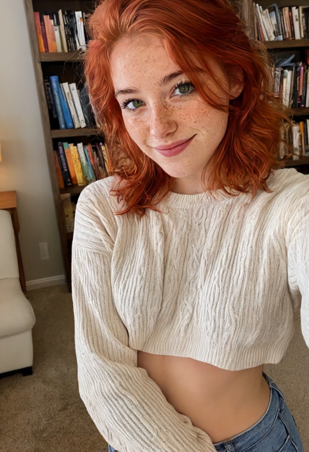 she is is hugging a man,white cotton sweater,blue denim jeans,cozy living room,beige carpet,wooden bookshelf,warm lam…