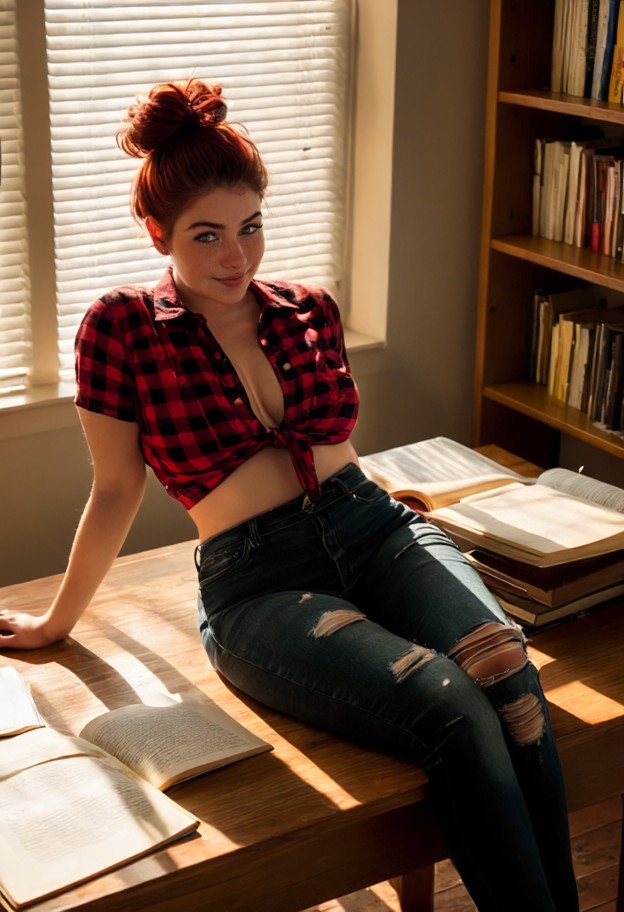 valentina is lying on a wooden desk in a classroom,red flannel shirt,ripped black jeans,empty classroom,wooden desks,…