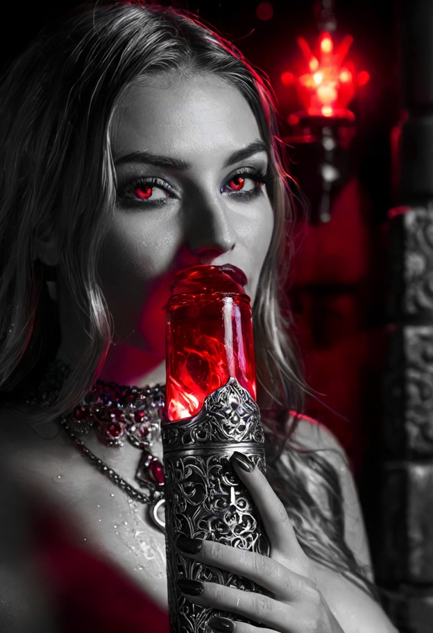 (extreme close-up of a massive silver revolver:1.2),((intricate ornate ruby red glowing cylinder with geometric engra…