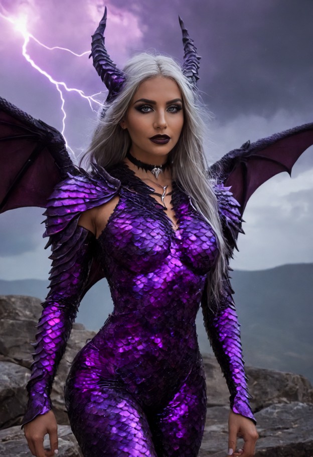 (full body covered in dark iridescent dragon scales:1.4),female dragon-humanoid hybrid,hard nipples,bare breasts,(sca…